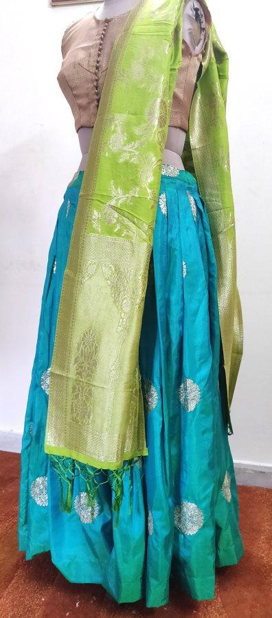 Designer Dupion Silk Turquoise Ready To Wear Lehenga Skirt with Banarasi Dupatta ALC29 - Ethnic's By Anvi Creations