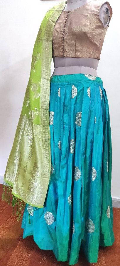 Designer Dupion Silk Turquoise Ready To Wear Lehenga Skirt with Banarasi Dupatta ALC29 - Ethnic's By Anvi Creations