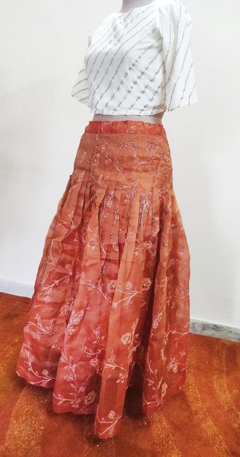 Designer Rust Orange Organza Embroidered Ready To Wear Lehenga Skirt Only ALC30 - Ethnic's By Anvi Creations