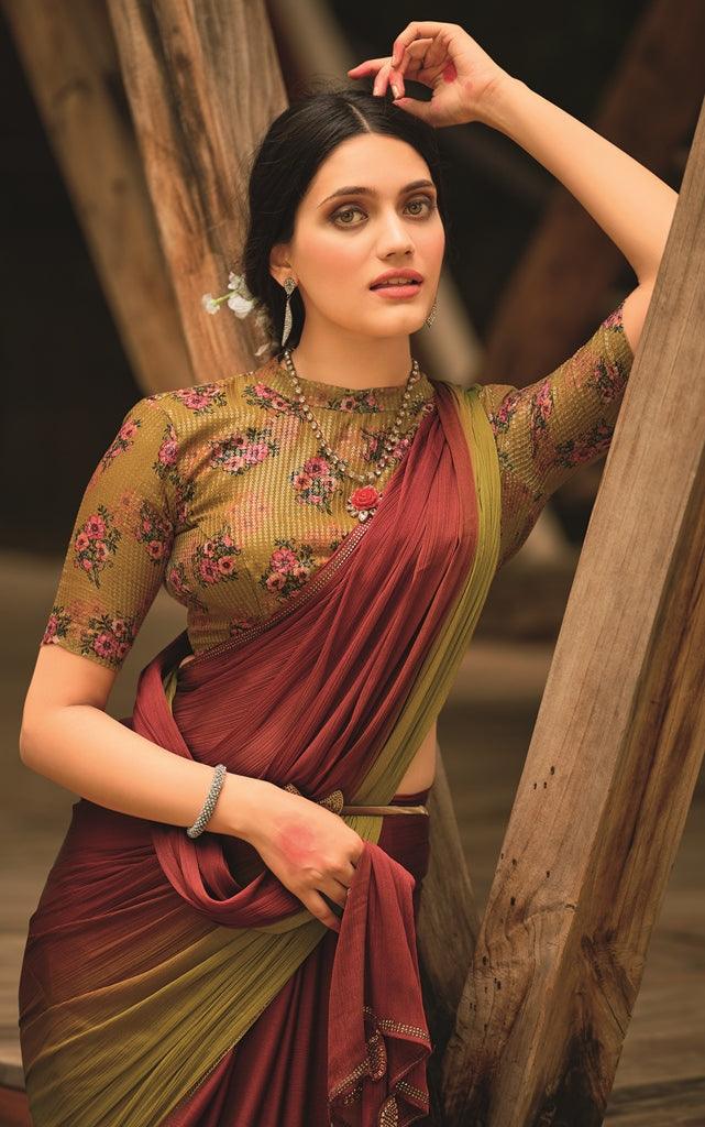Green Shaded Velvet Chiffon Saree with Sequined Blouse AN02 - Ethnic's By Anvi Creations