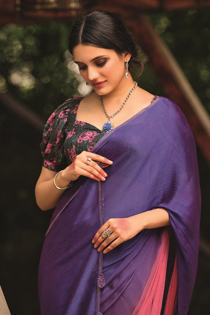 Purple Shaded Velvet Chiffon Saree with Sequined Blouse AN03 - Ethnic's By Anvi Creations