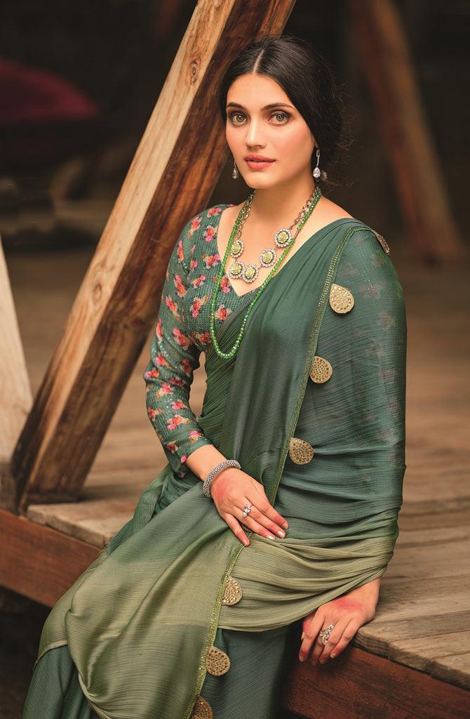 Twin Green Shaded Velvet Chiffon Saree with Sequined Blouse AN05 - Ethnic's By Anvi Creations