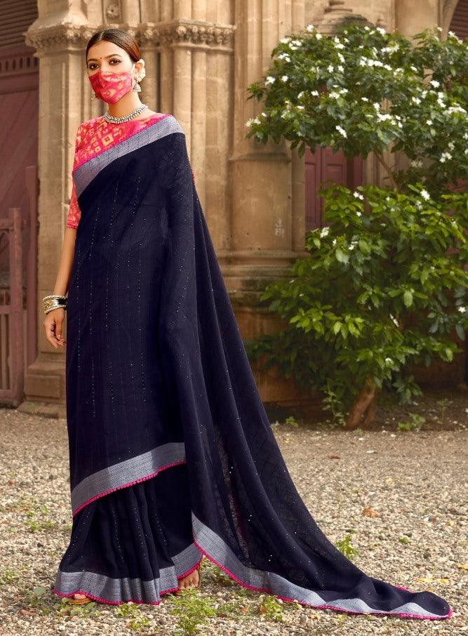 Designer Deep Blue Linen Cotton Embellished Saree with Mask ANT7009-Anvi Creations-Handloom saree,Linen embellished Saree,Saree with Mask