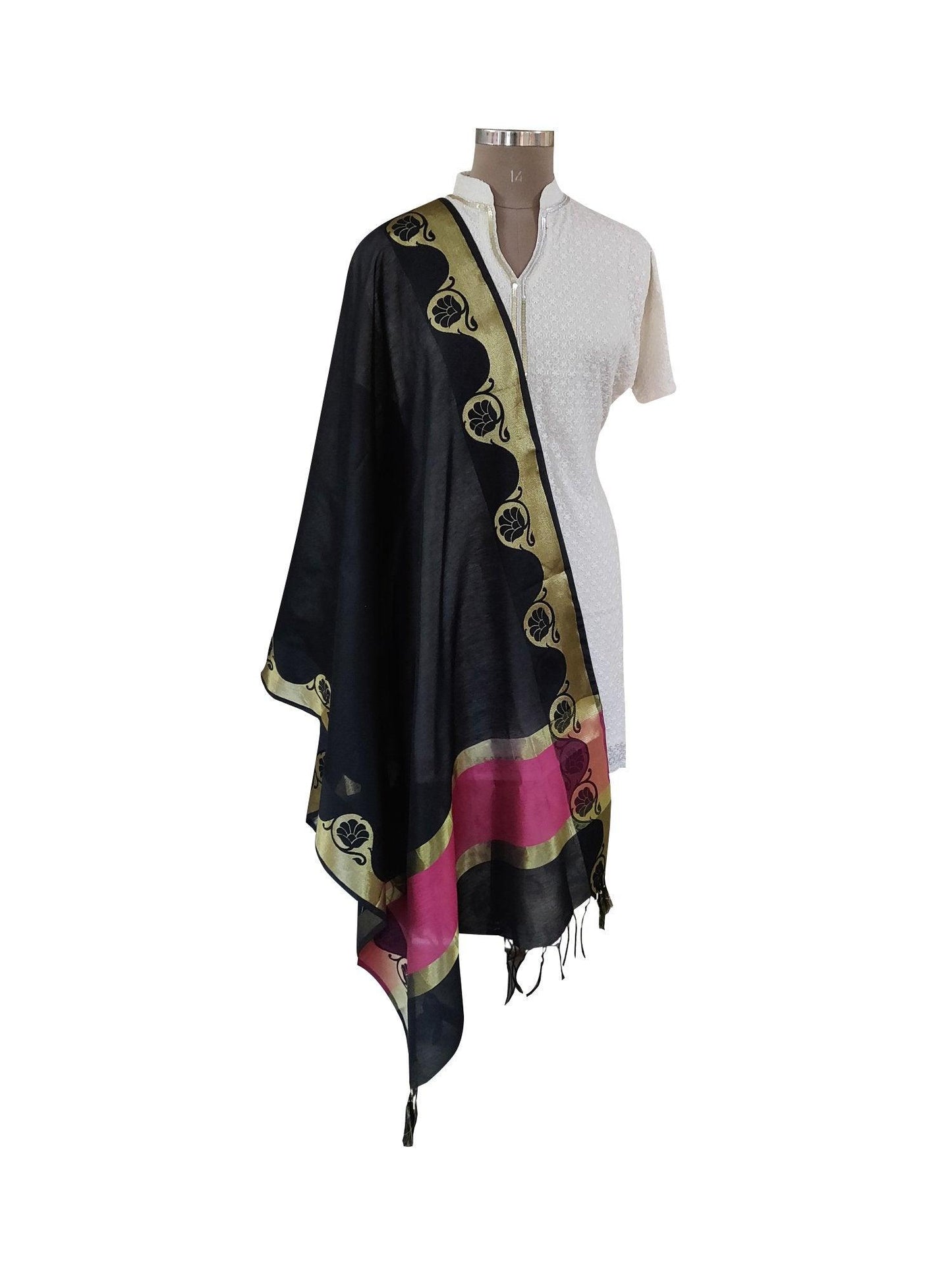 Black Banarasi Cotton Silk Dupatta DP02-Anvi Creations-Banarasi Dupatta