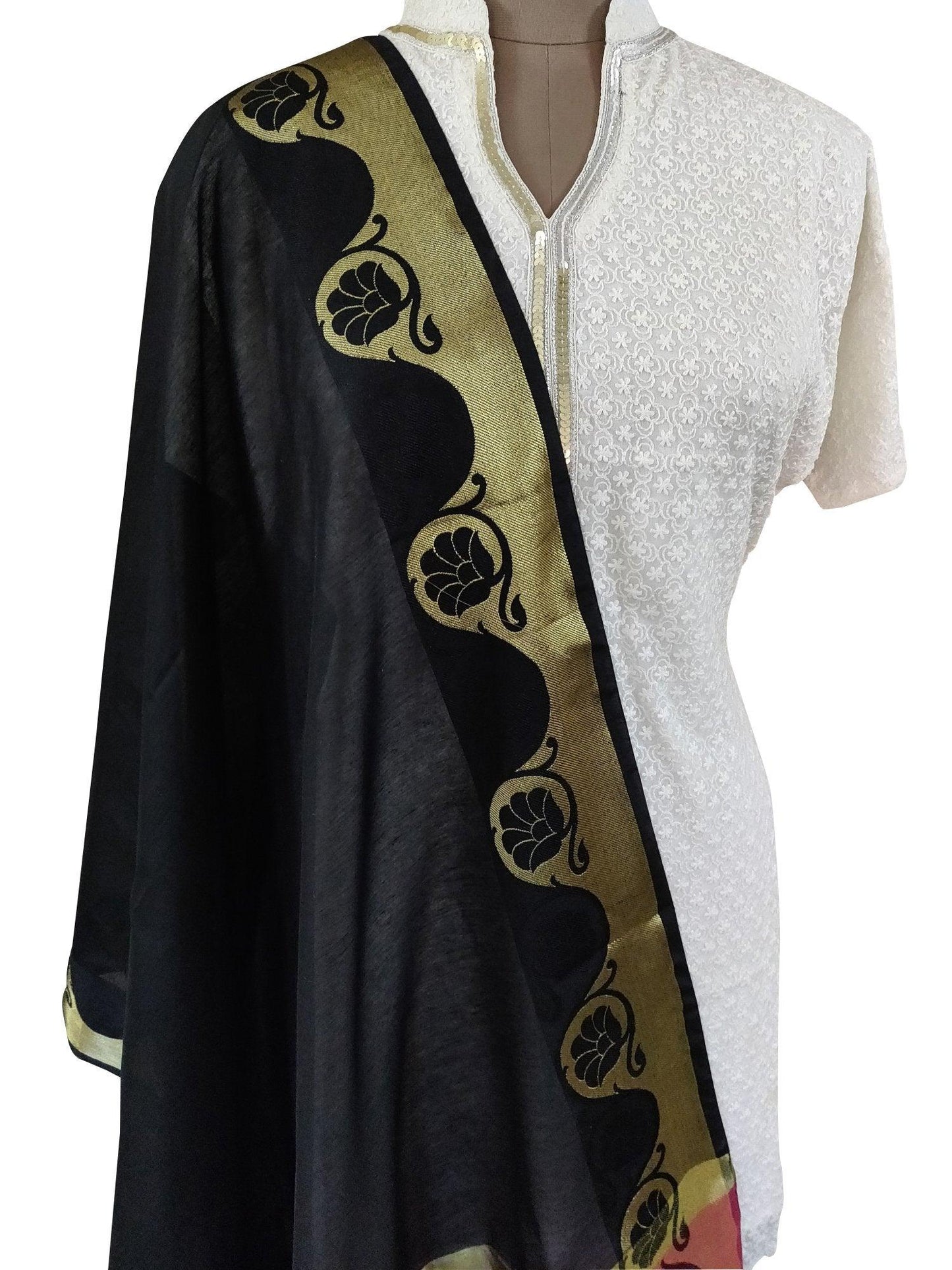 Black Banarasi Cotton Silk Dupatta DP02-Anvi Creations-Banarasi Dupatta