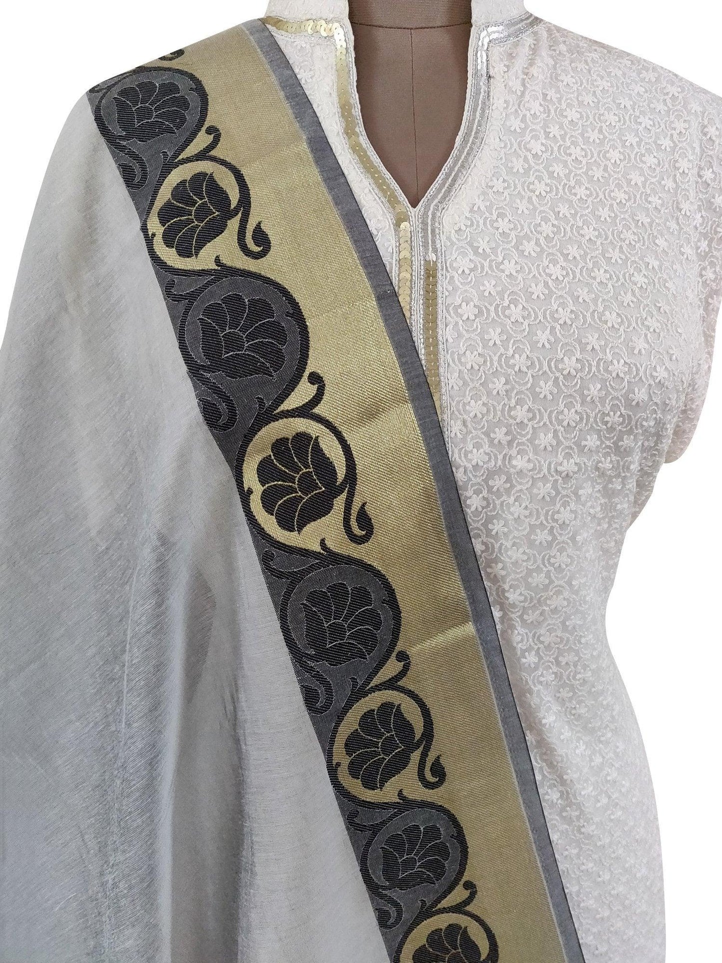 Grey Banarasi Cotton Silk Dupatta DP04-Anvi Creations-Banarasi Dupatta