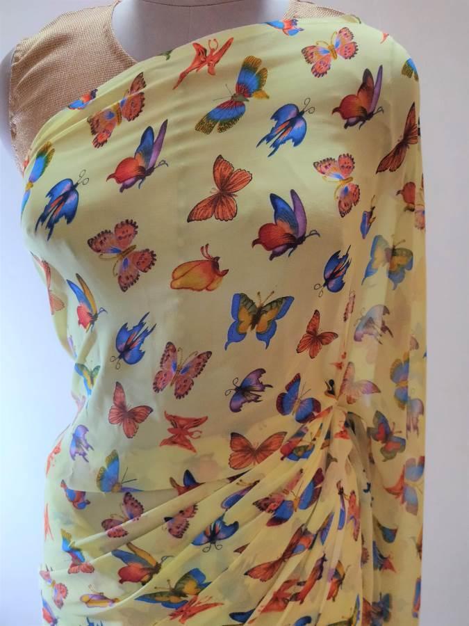 Yellow Butterfly Printed Georgette Saree with Blouse BF03 - Ethnic's By Anvi Creations
