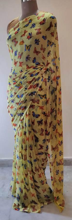 Yellow Butterfly Printed Georgette Saree with Blouse BF03 - Ethnic's By Anvi Creations