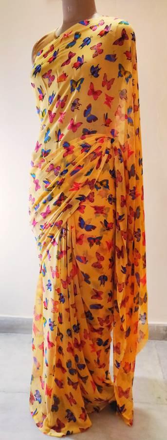 Peach Butterfly Printed Georgette Saree with Blouse BF04 - Ethnic's By Anvi Creations