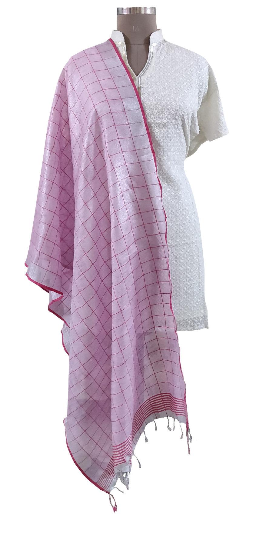 Handloom Tissue Linen Pink Dupatta BLD12-Anvi Creations-
