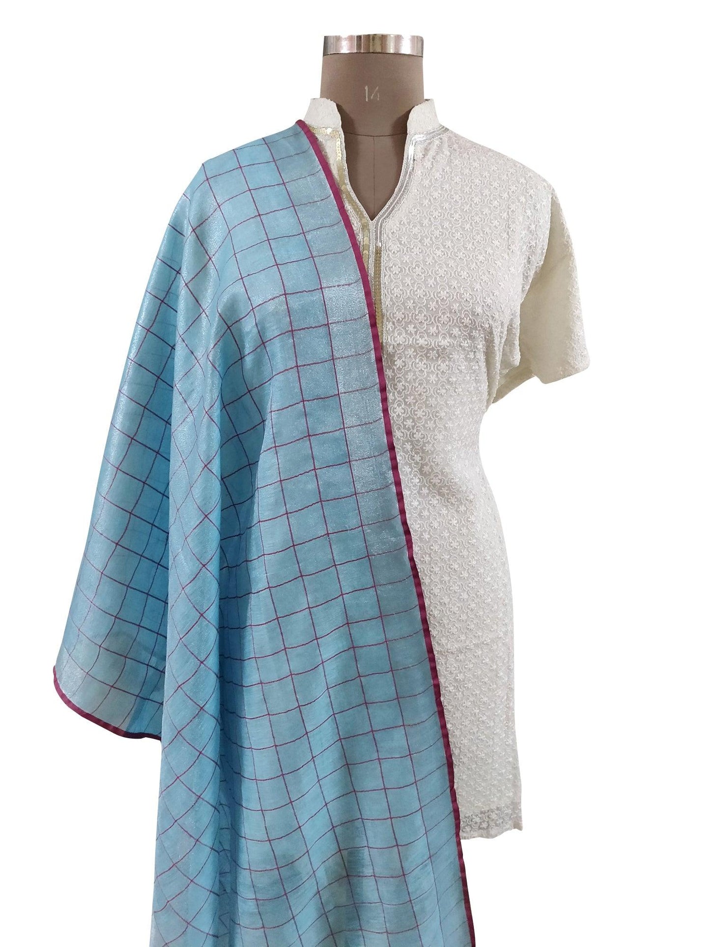 Handloom Tissue Linen Blue Dupatta BLD13-Anvi Creations-