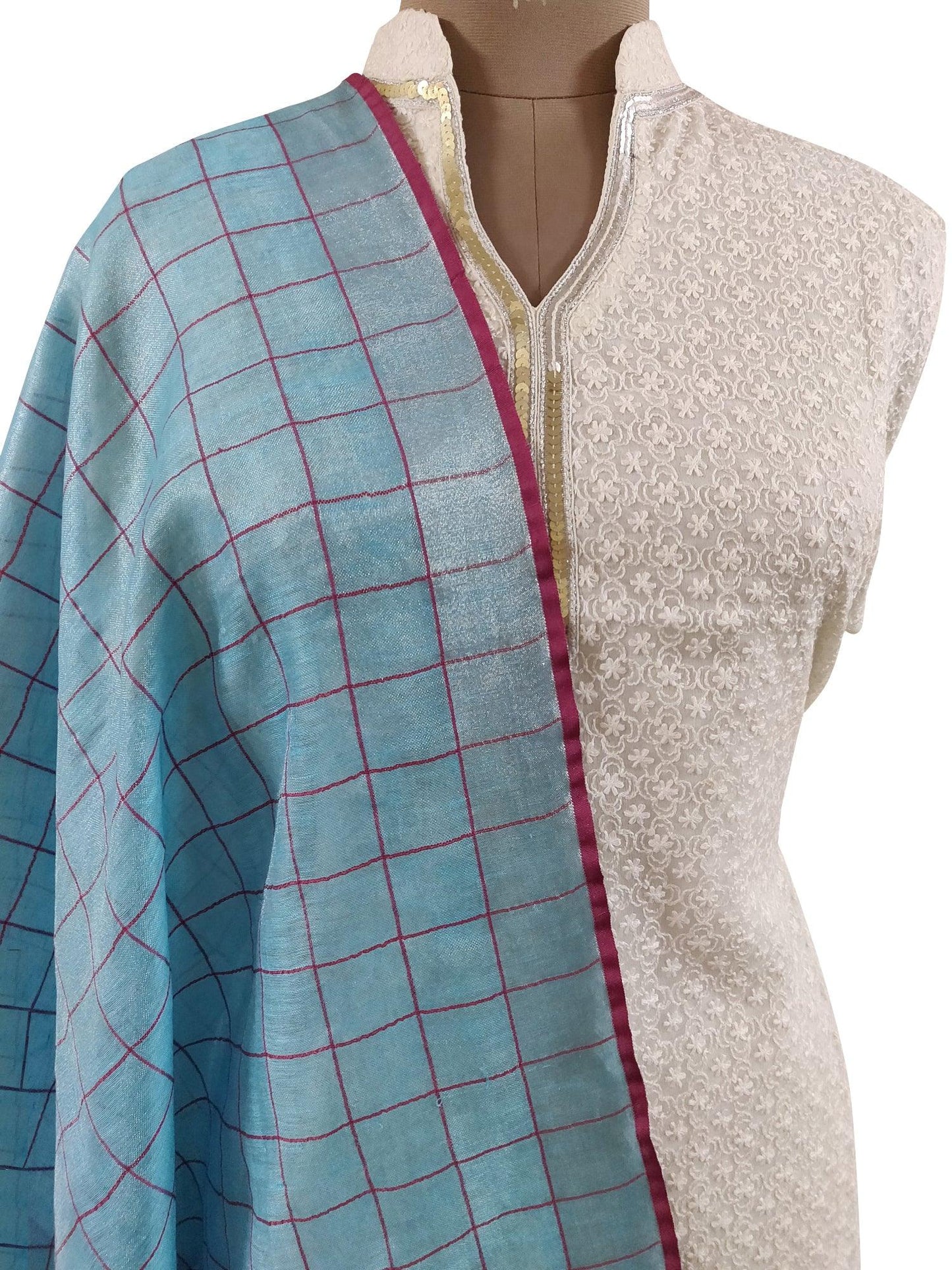 Handloom Tissue Linen Blue Dupatta BLD13-Anvi Creations-