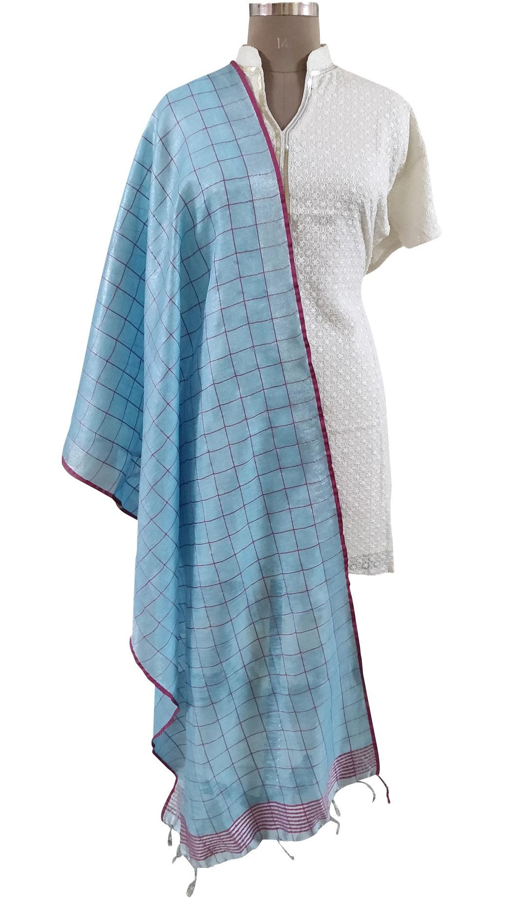 Handloom Tissue Linen Blue Dupatta BLD13-Anvi Creations-