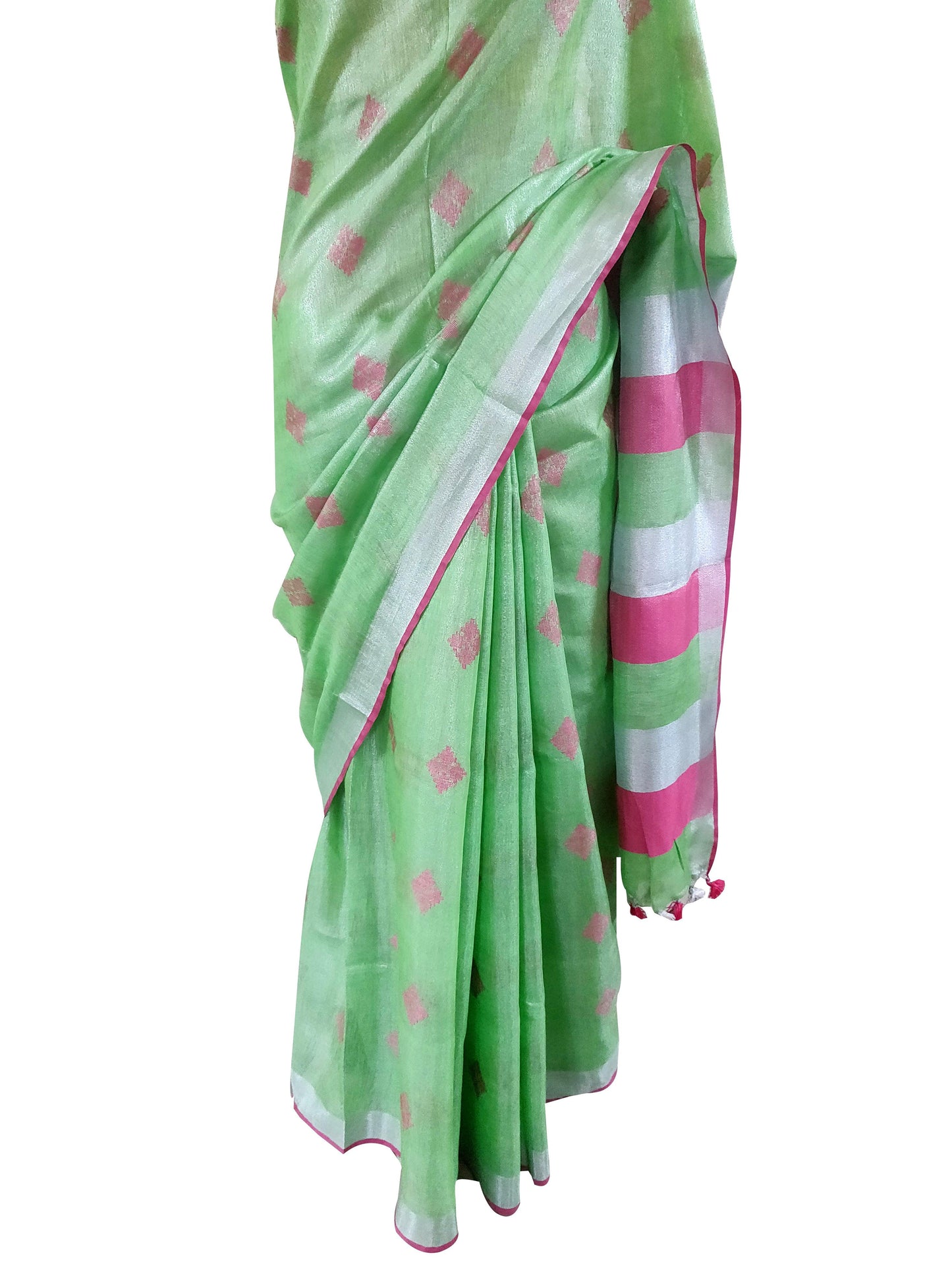 Silver Border  Green Tissue Linen Cotton Saree BL05-Anvi Creations-Handloom Saree