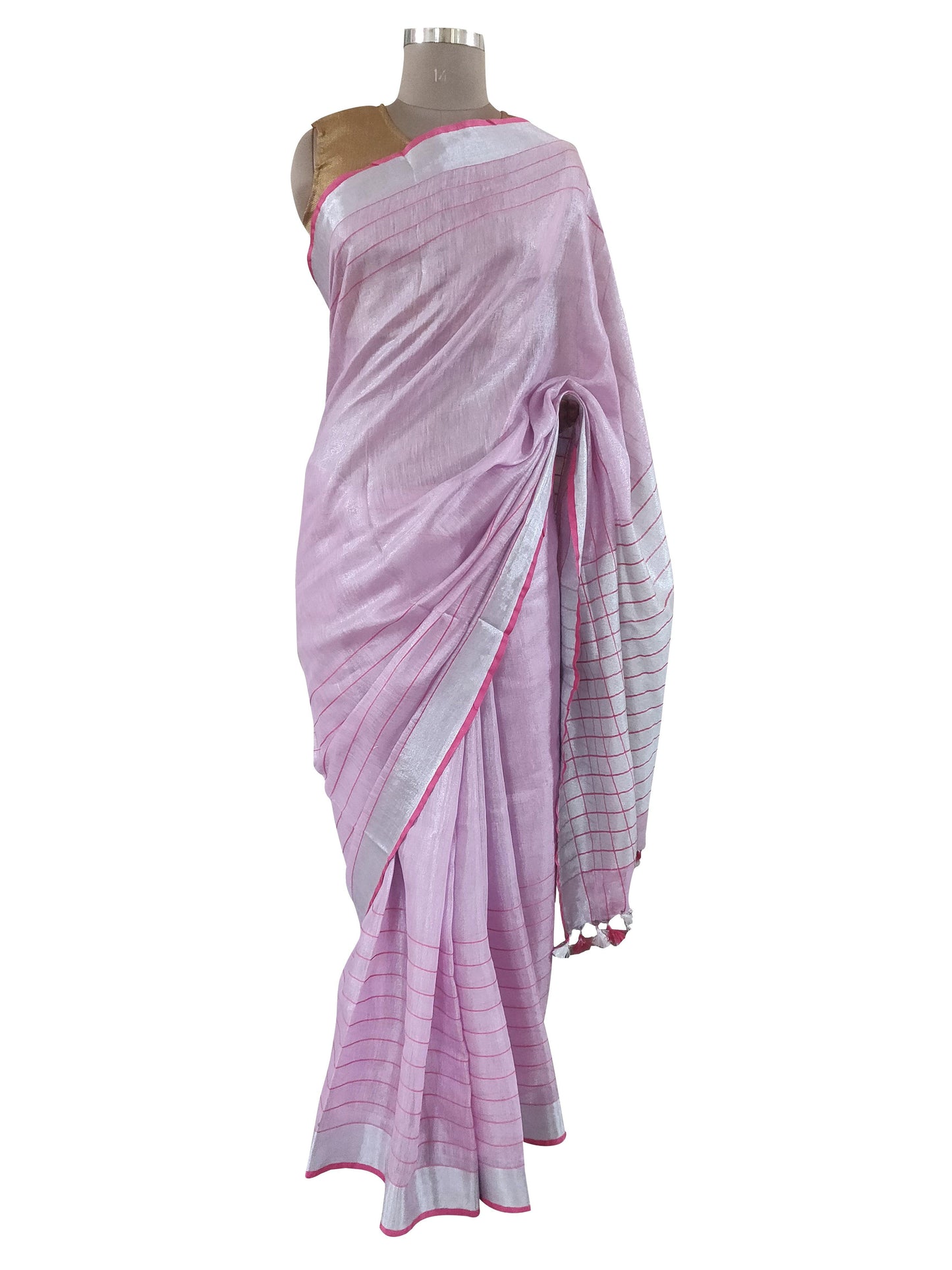 Silver Border pink Tissue Linen Cotton Saree BLS08-Anvi Creations-Handloom Saree