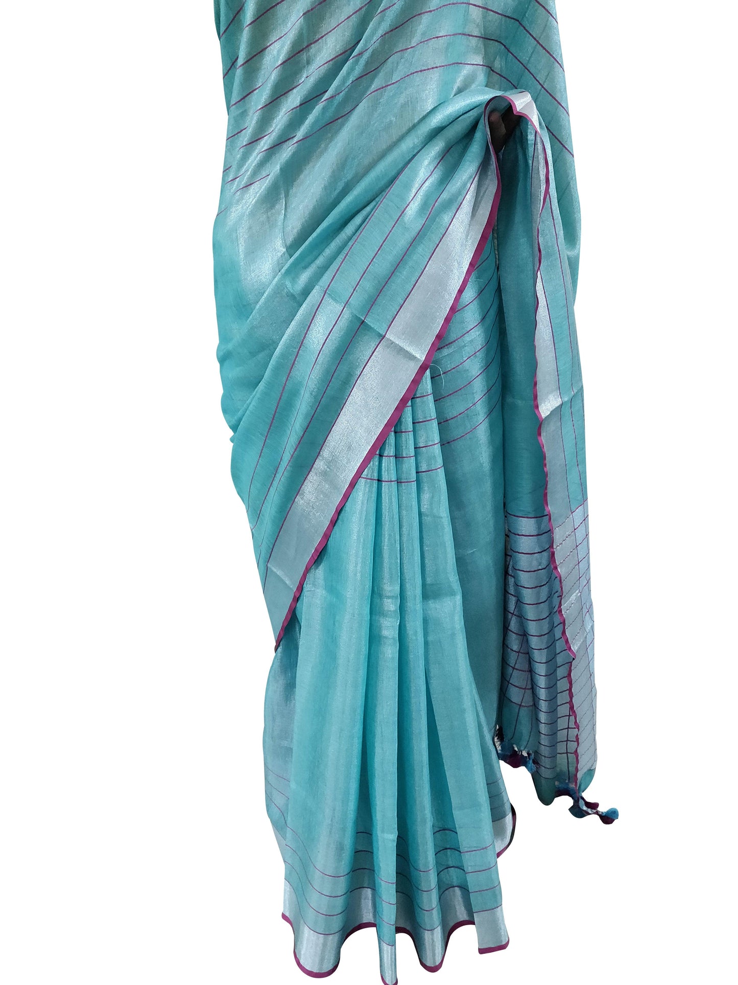 Silver Border Turquoise Tissue Linen Cotton Saree BLS09-Anvi Creations-Handloom Saree