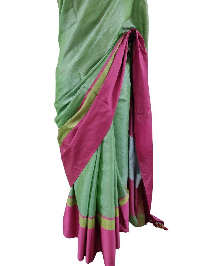 Gold Border Green Linen Cotton Saree BLS11-Anvi Creations-Handloom Saree