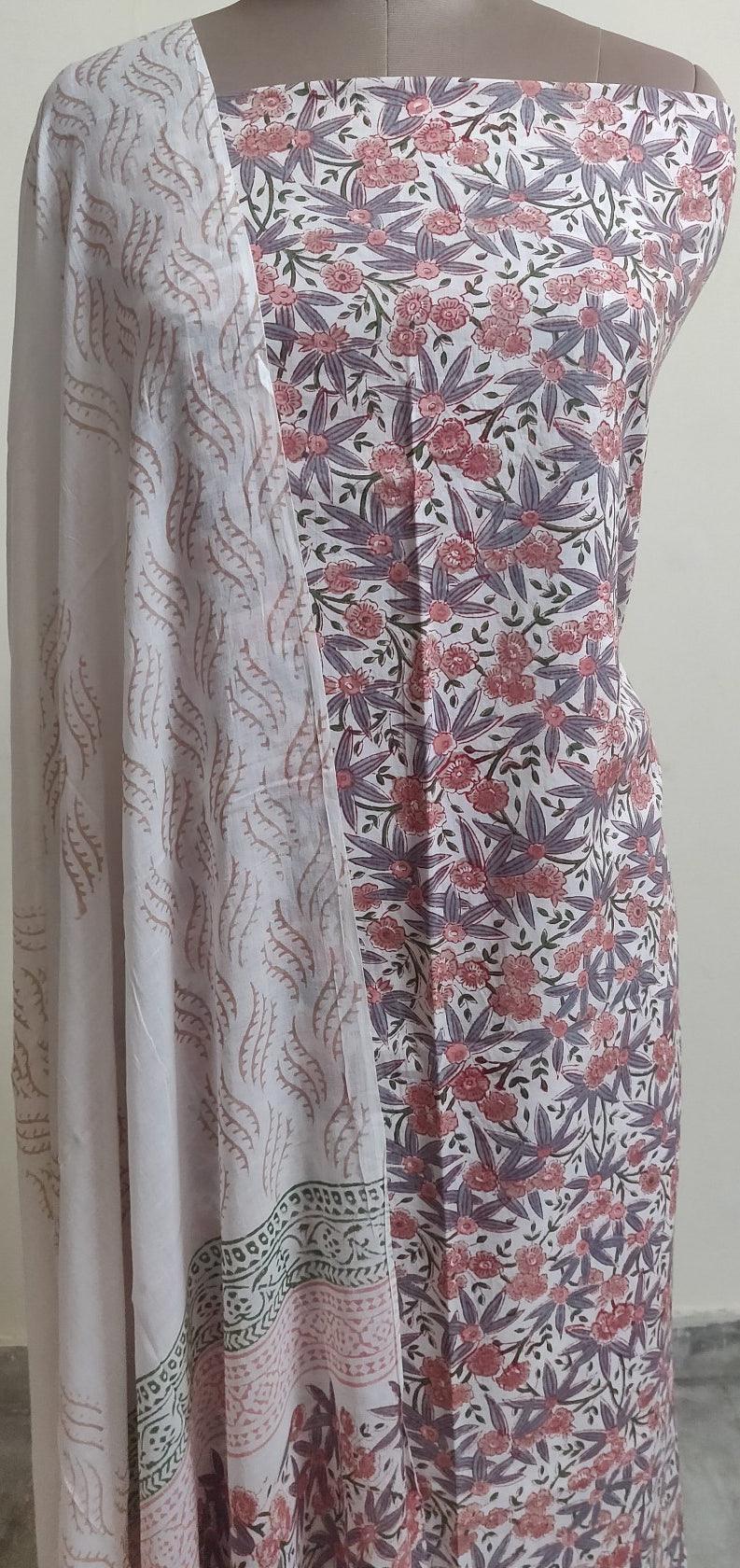 OffWhite Block Printed Cotton Suit with Mulmul Dupatta BP67 - Ethnic's By Anvi Creations