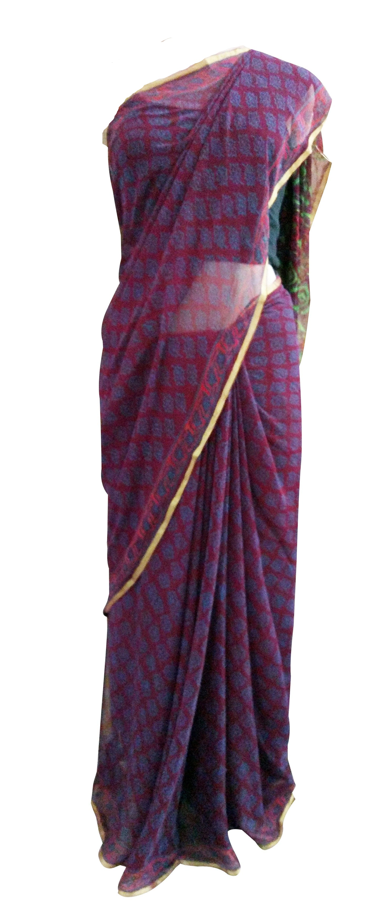 Purple Pure Chiffon Block Printed Saree BPC1-Anvi Creations-Handloom