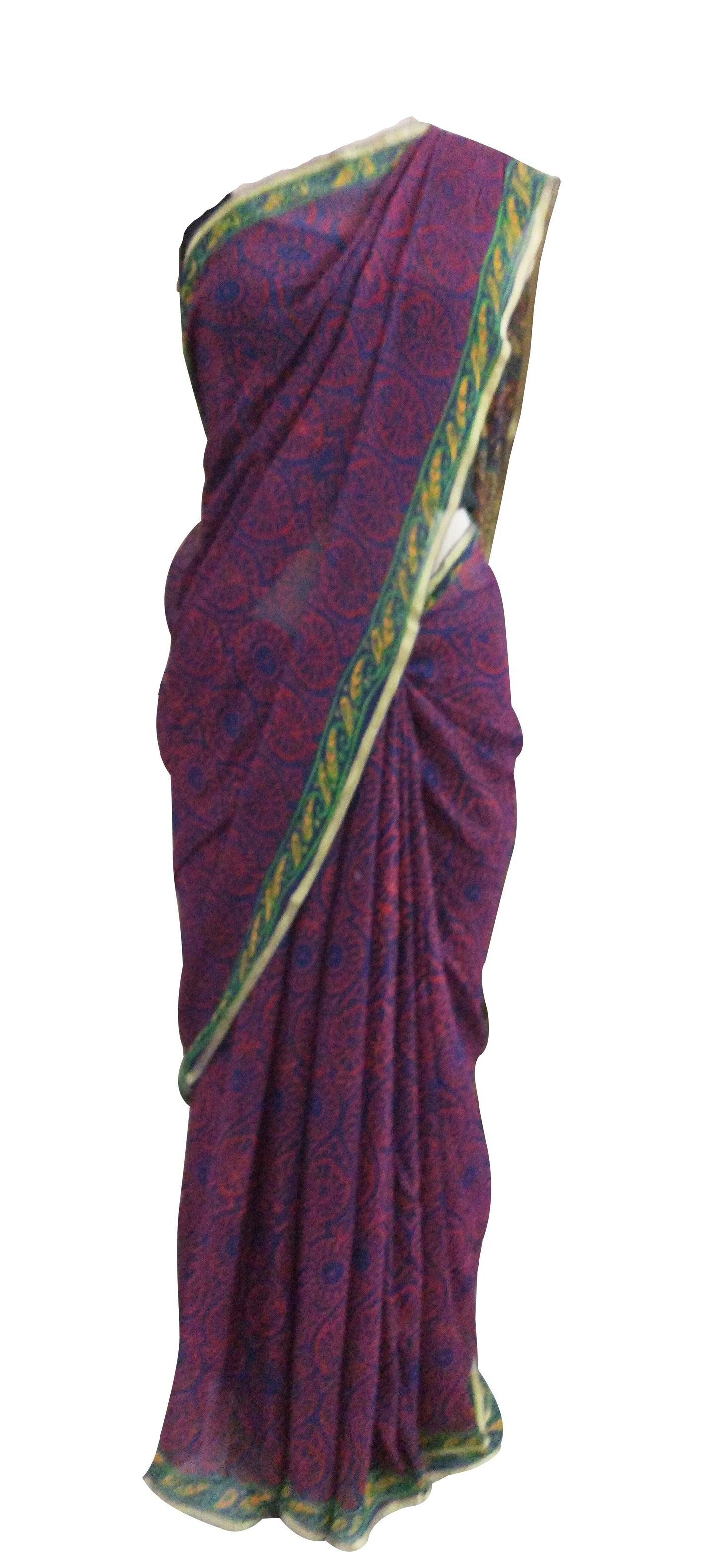 Purple Pure Chiffon Block Printed Saree BPC3-Anvi Creations-Handloom
