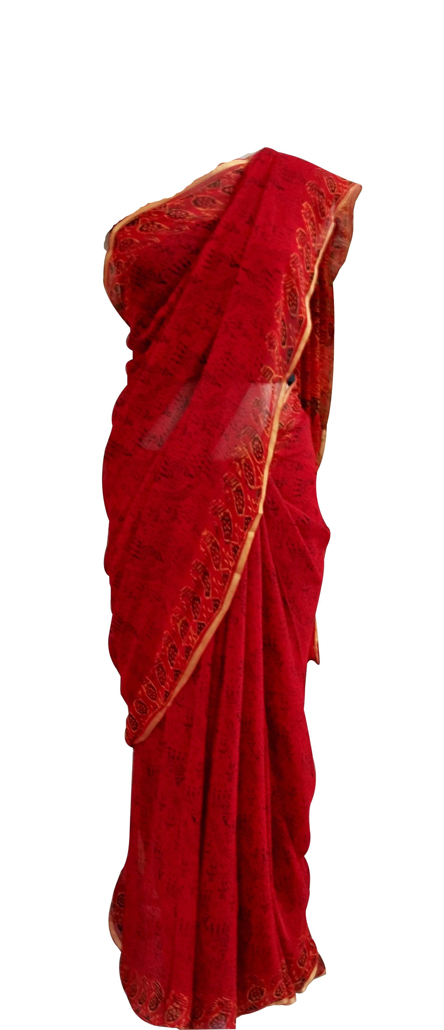 Red Pure Chiffon Block Printed Saree BPC4-Anvi Creations-Handloom