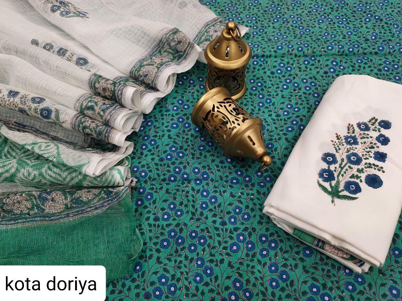 Exclusive Turquoise Green Cotton Salwar Kameez Dress Material with Kota Dupatta BPK01 - Ethnic's By Anvi Creations