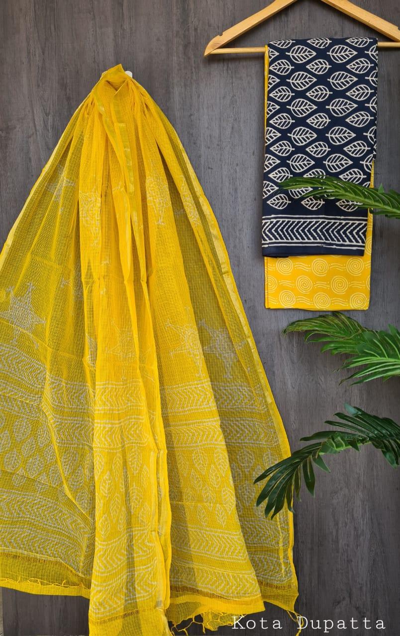 Exclusive Yellow Black Cotton Salwar Kameez Dress Material with Kota Dupatta BPK16 - Ethnic's By Anvi Creations