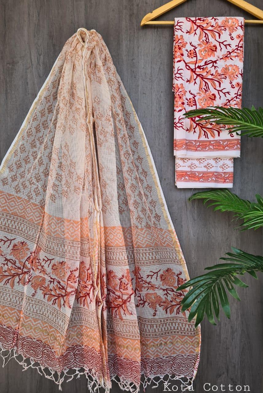 Exclusive Peach white Cotton Salwar Kameez Dress Material with Kota Dupatta BPK19 - Ethnic's By Anvi Creations