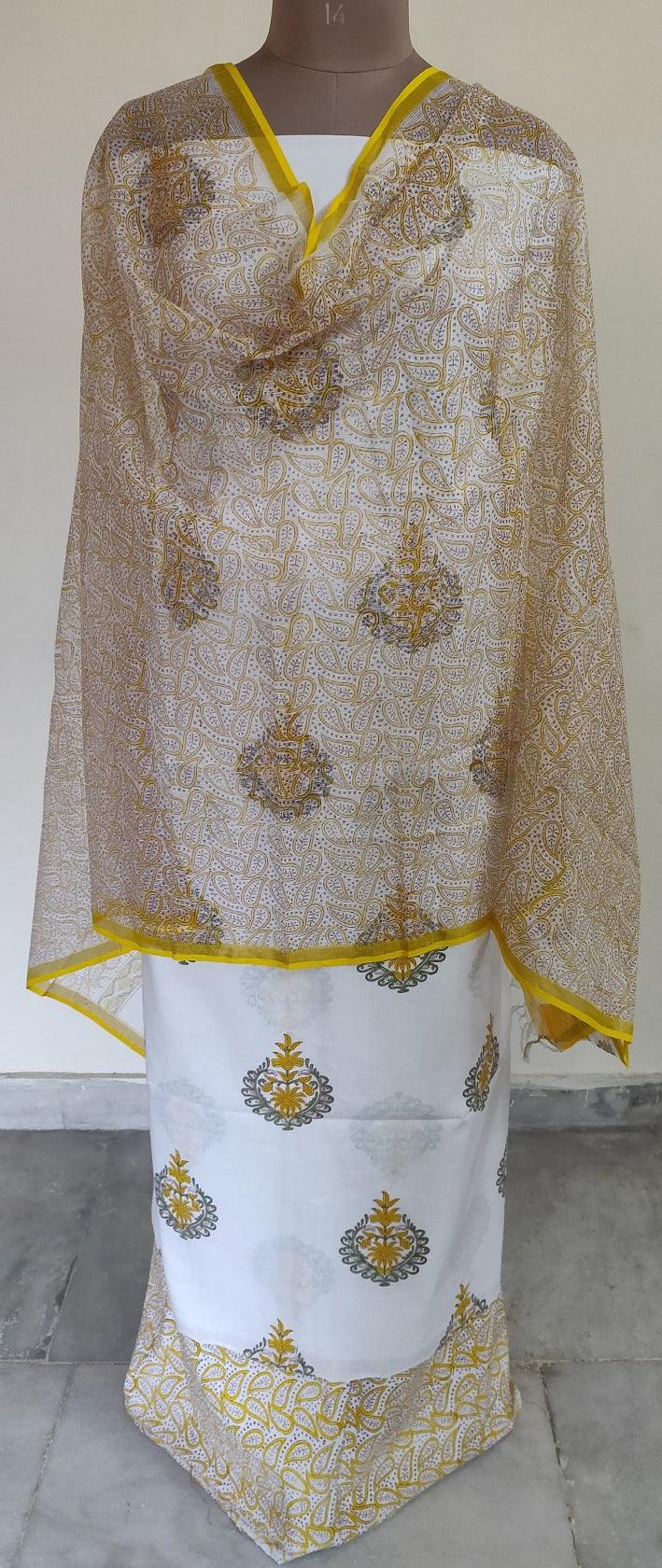 White Block Printed Suit with Kota Dupatta BPK26 - Ethnic's By Anvi Creations
