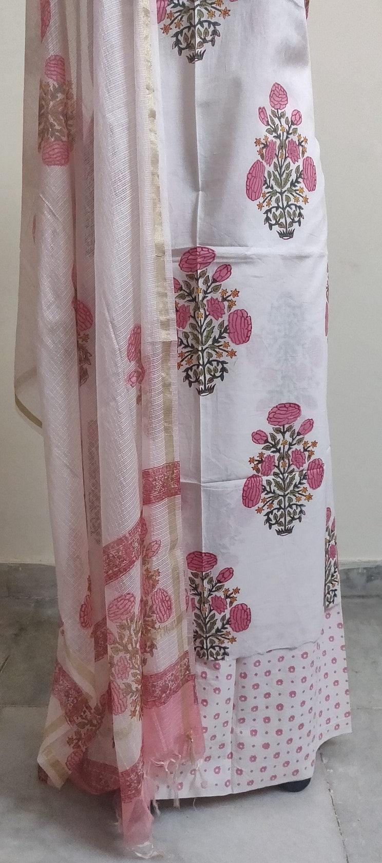 White Block Printed Suit with Kota Dupatta BPK32 - Ethnic's By Anvi Creations