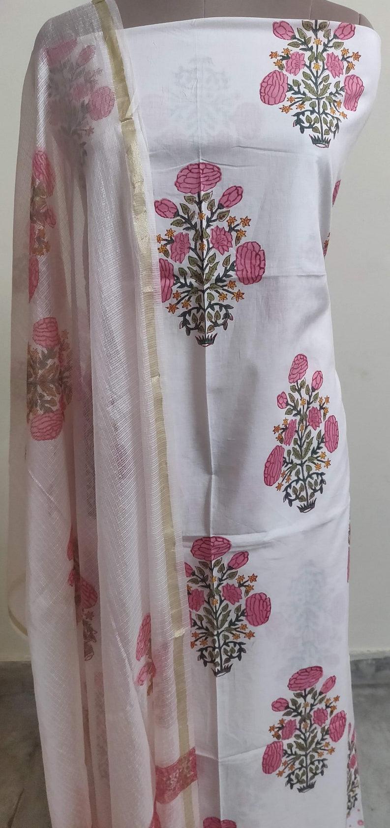 White Block Printed Suit with Kota Dupatta BPK32 - Ethnic's By Anvi Creations