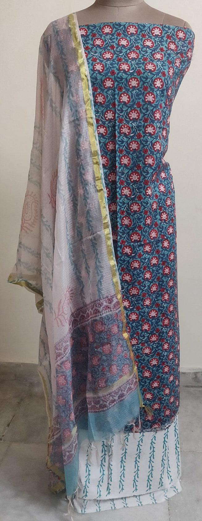Turquoise Green Block Printed Suit with Kota Dupatta BPK33 - Ethnic's By Anvi Creations