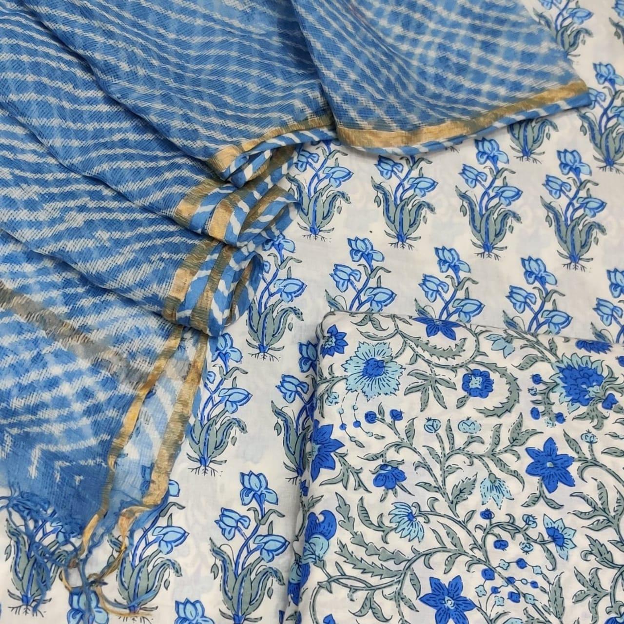 Off white Blue Block Printed Suit with Lehariya Kota Dupatta BPK37 - Ethnic's By Anvi Creations