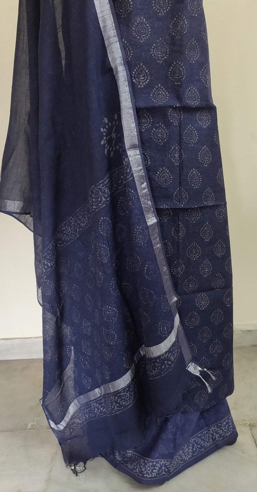 Navy Blue Block Printed Linen Cotton Suit BPL03 - Ethnic's By Anvi Creations