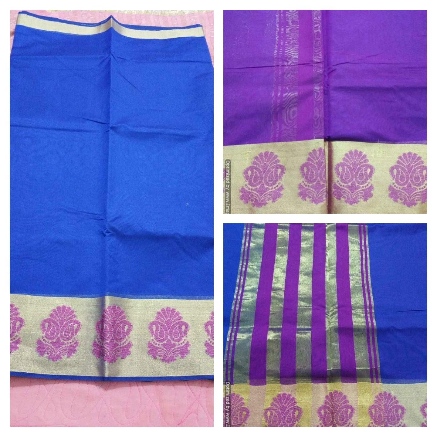 Blue Banarasi Cotton Silk Saree with Running Blouse Fabric BS26 - Ethnic's By Anvi Creations