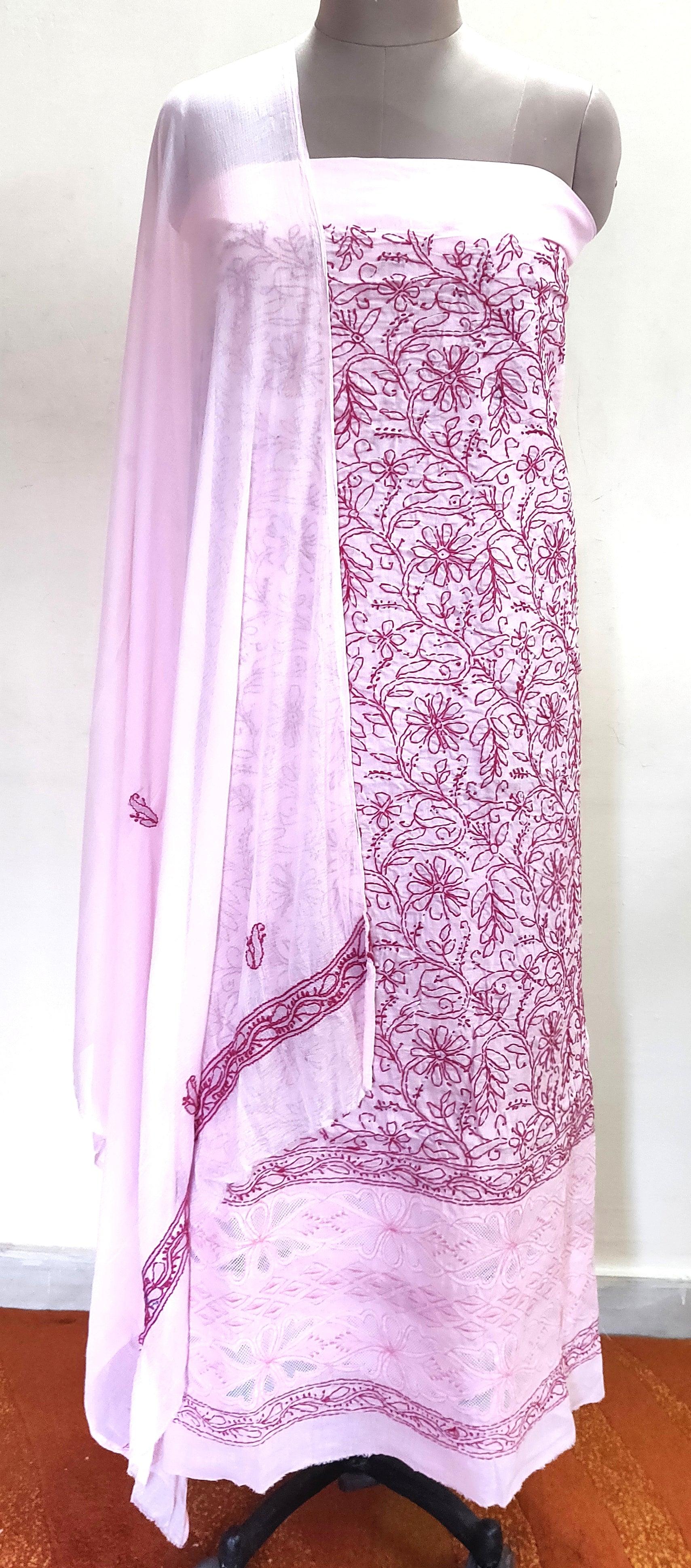 Designer Pink Cotton Chikankari Lakhnavi Embroidered Dress