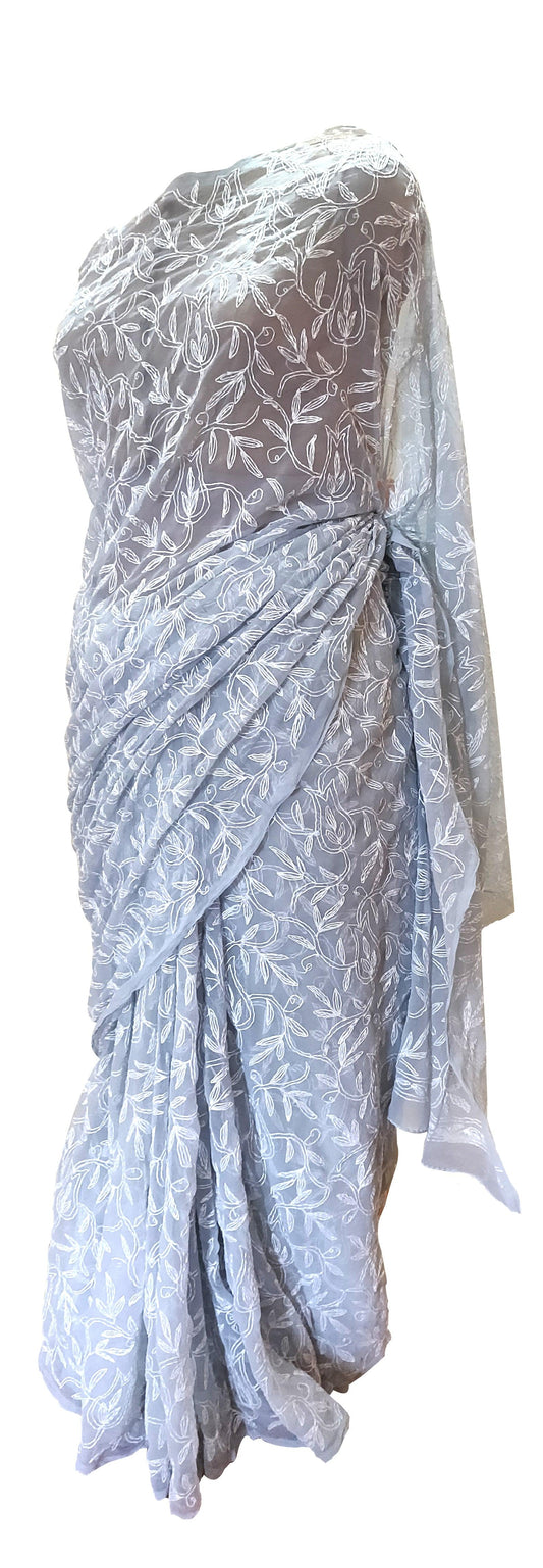 Grey Tepchi Chikankari Chiffon Saree CK10-Anvi Creations-Chiffon Chikan Saree,Tepchi Work Saree