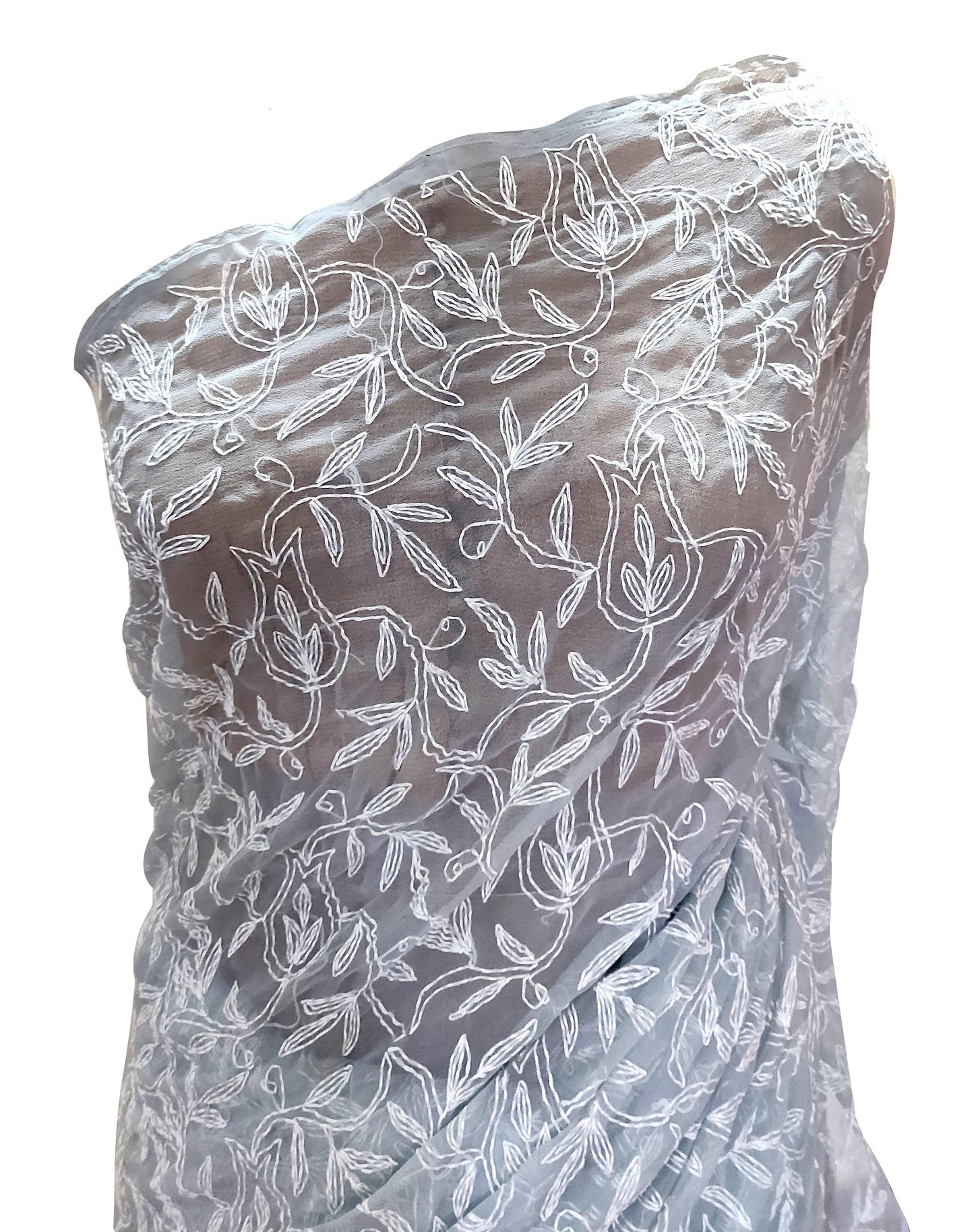 Grey Tepchi Chikankari Chiffon Saree CK10-Anvi Creations-Chiffon Chikan Saree,Tepchi Work Saree