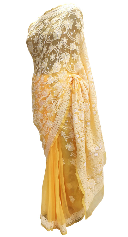 Hand Embroidered Heavy Chikankari Yellow Chiffon Saree CK24-Anvi Creations-Chiffon Chikan Saree,Chikan Lakhnavi Saree