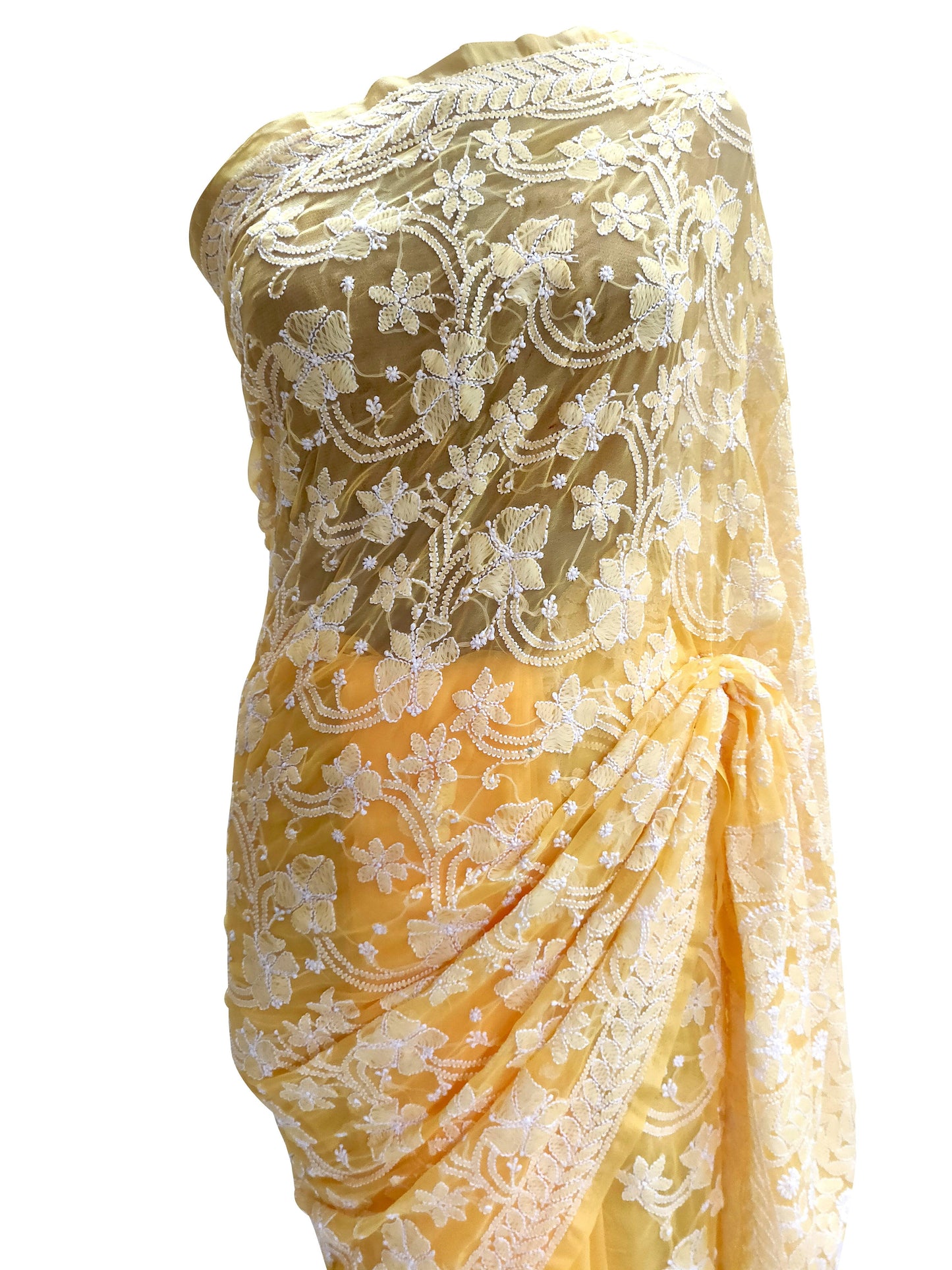 Hand Embroidered Heavy Chikankari Yellow Chiffon Saree CK24-Anvi Creations-Chiffon Chikan Saree,Chikan Lakhnavi Saree
