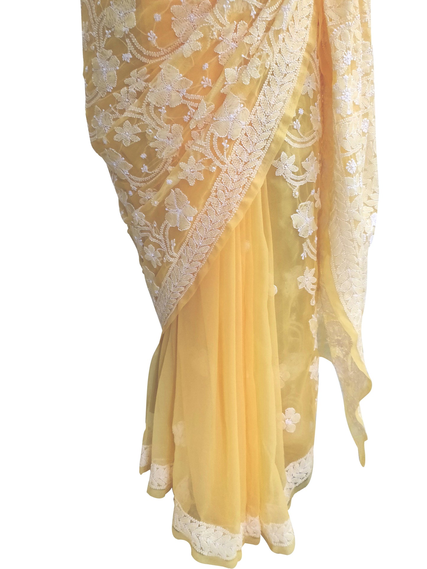 Hand Embroidered Heavy Chikankari Yellow Chiffon Saree CK24-Anvi Creations-Chiffon Chikan Saree,Chikan Lakhnavi Saree
