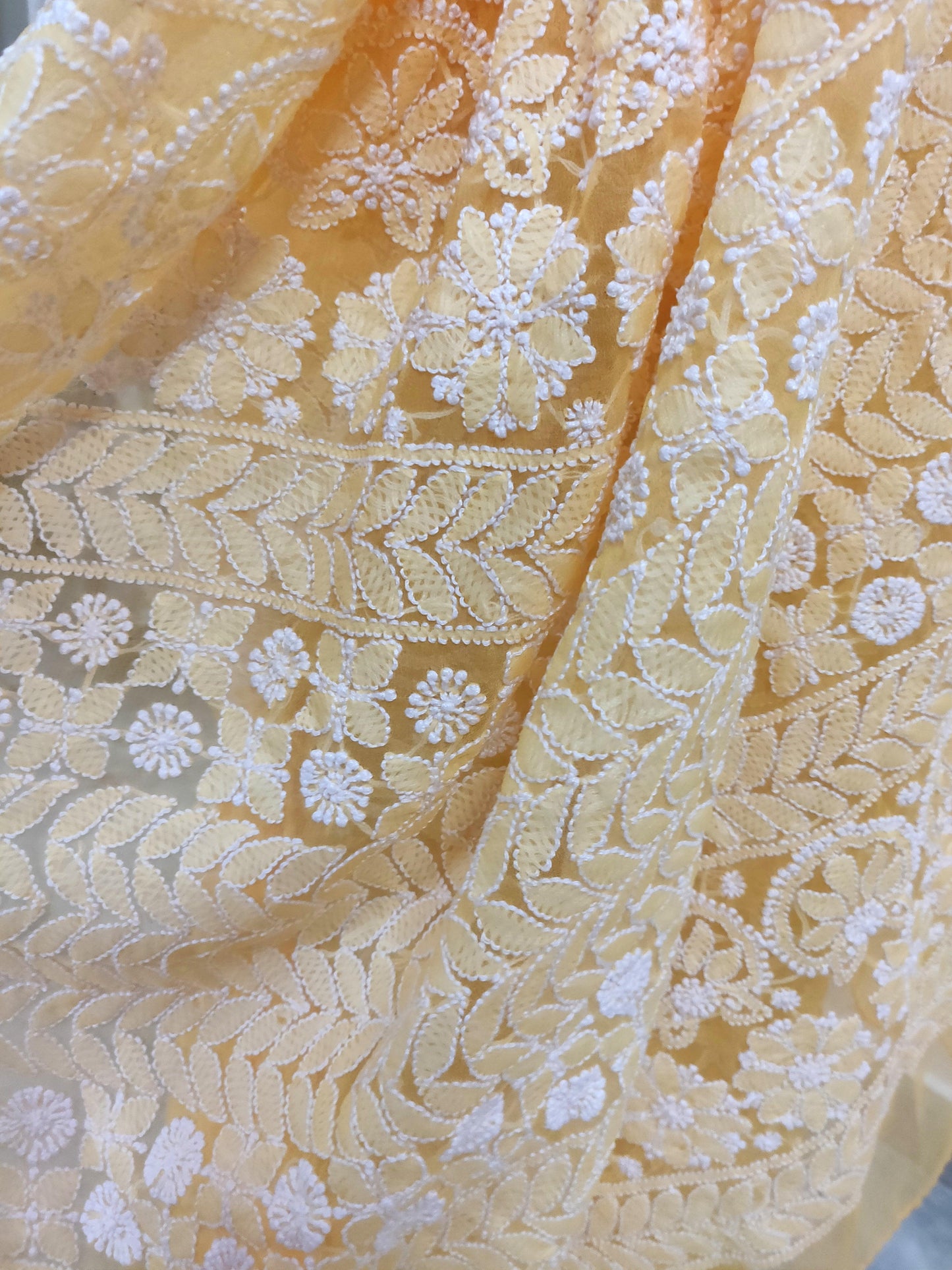 Hand Embroidered Heavy Chikankari Yellow Chiffon Saree CK24-Anvi Creations-Chiffon Chikan Saree,Chikan Lakhnavi Saree