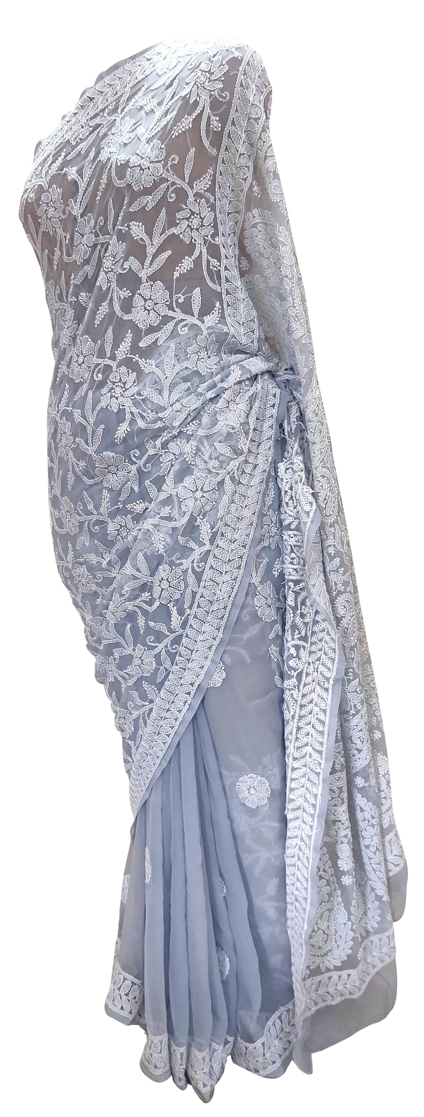 Hand Embroidered Heavy Chikankari Gray Chiffon Saree CK27-Anvi Creations-Chiffon Chikan Saree,Chikan Lakhnavi Saree