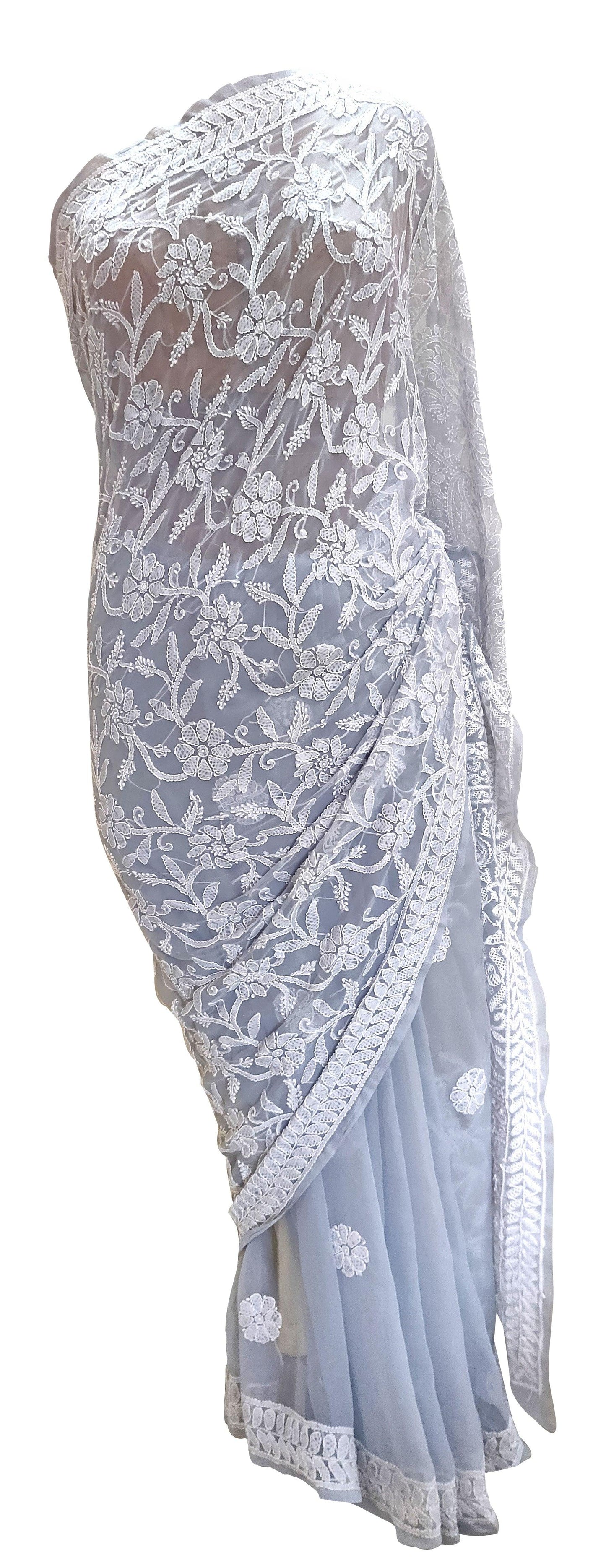 Hand Embroidered Heavy Chikankari Gray Chiffon Saree CK27-Anvi Creations-Chiffon Chikan Saree,Chikan Lakhnavi Saree