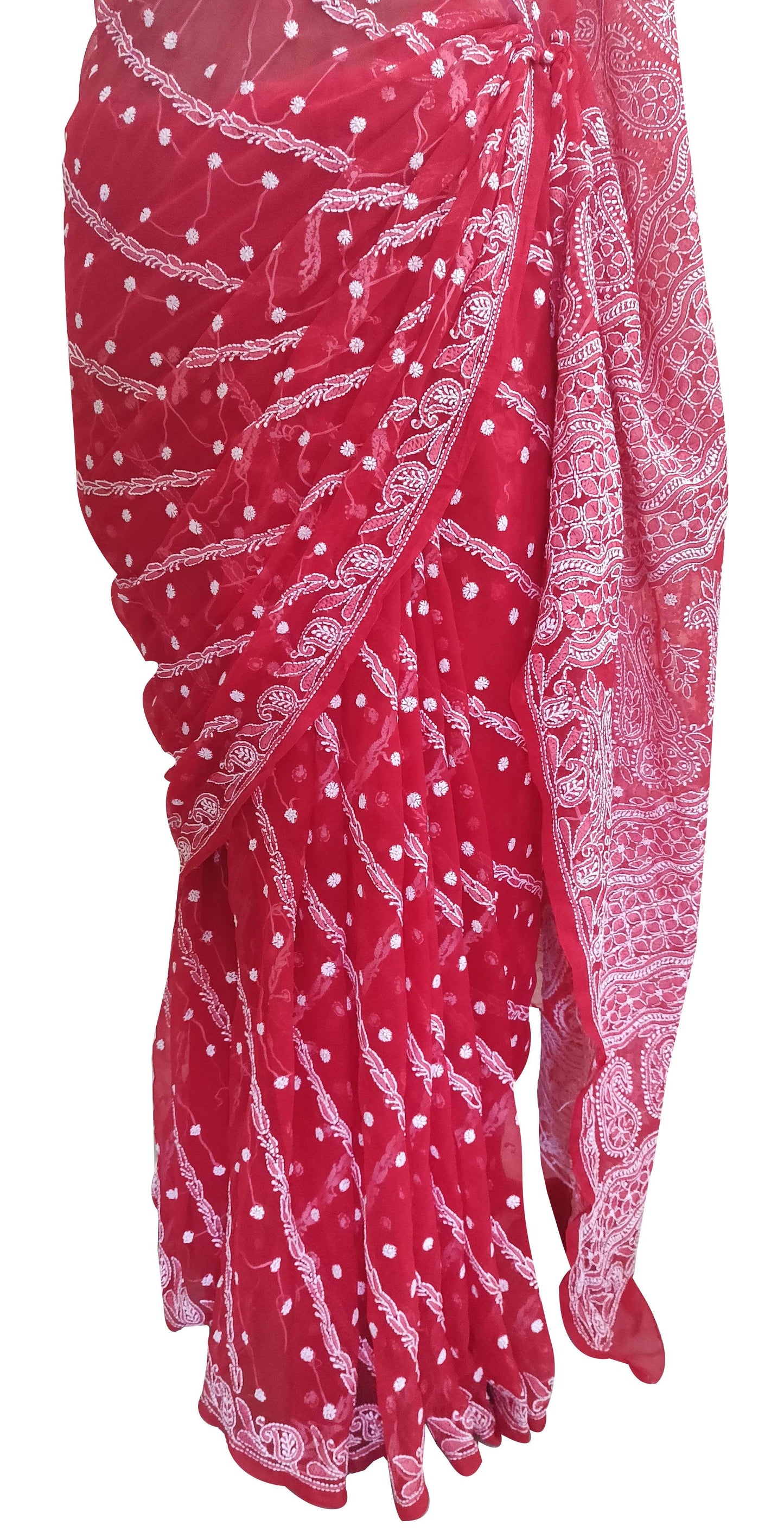 Hand Embroidered Heavy Chikankari Red All Over Chiffon Saree CK35 - Ethnic's By Anvi Creations