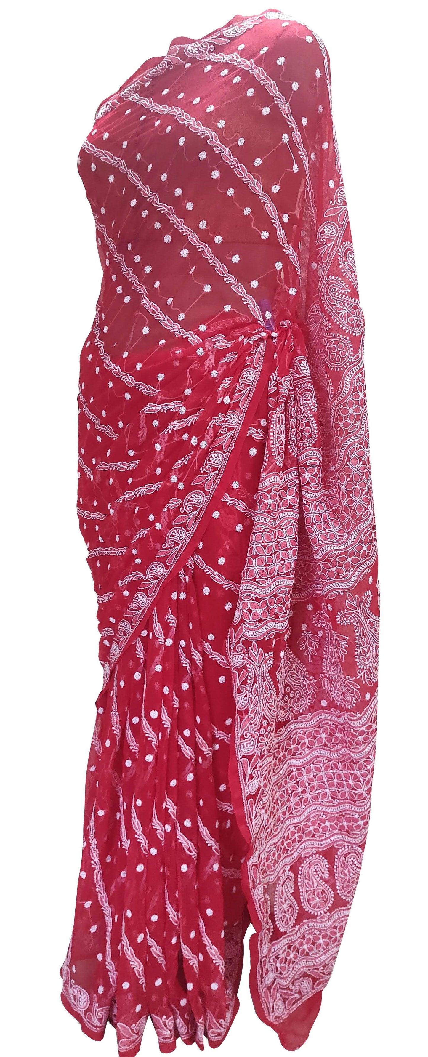 Hand Embroidered Heavy Chikankari Red All Over Chiffon Saree CK35 - Ethnic's By Anvi Creations