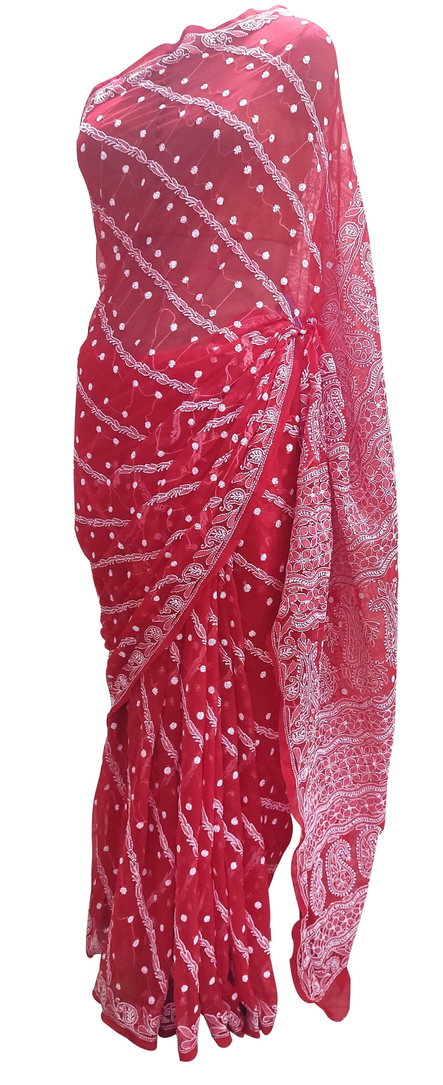 Hand Embroidered Heavy Chikankari Red All Over Chiffon Saree CK35 - Ethnic's By Anvi Creations