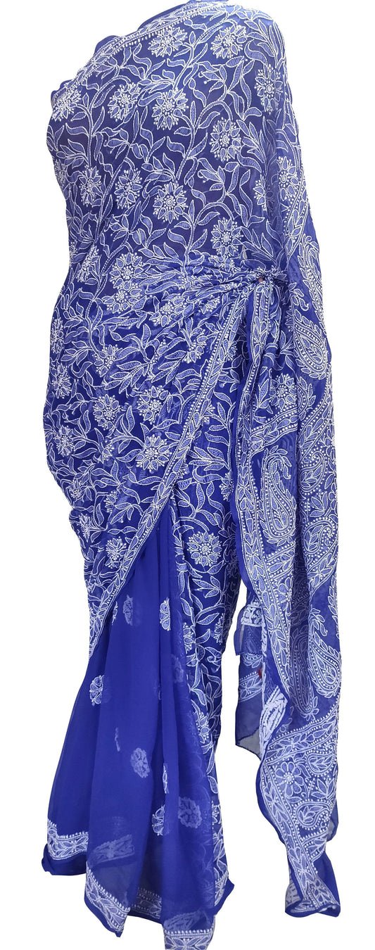 Hand Embroidered Heavy Chikankari Royal Blue Chiffon Saree CK36 - Ethnic's By Anvi Creations