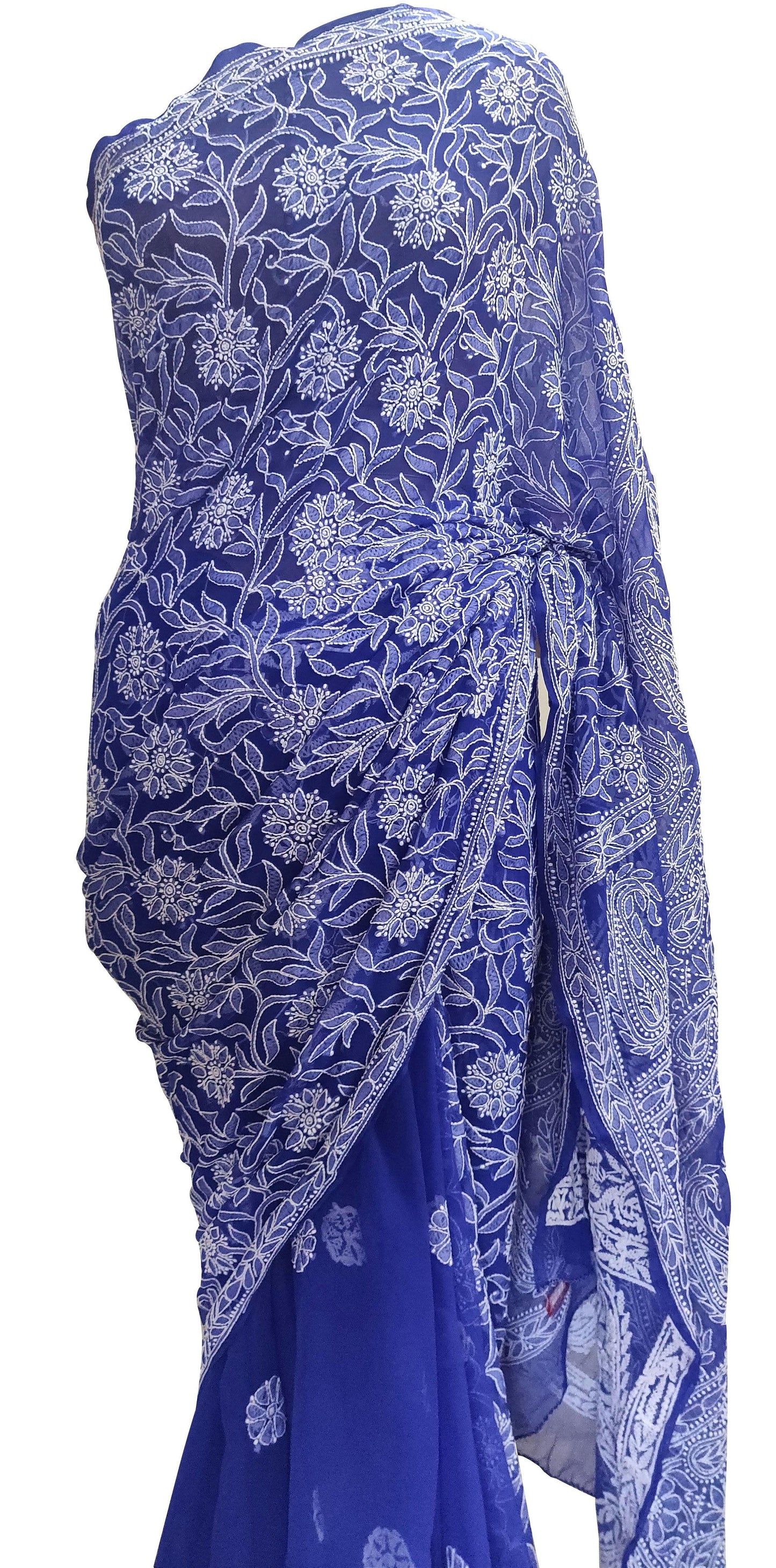 Hand Embroidered Heavy Chikankari Royal Blue Chiffon Saree CK36 - Ethnic's By Anvi Creations