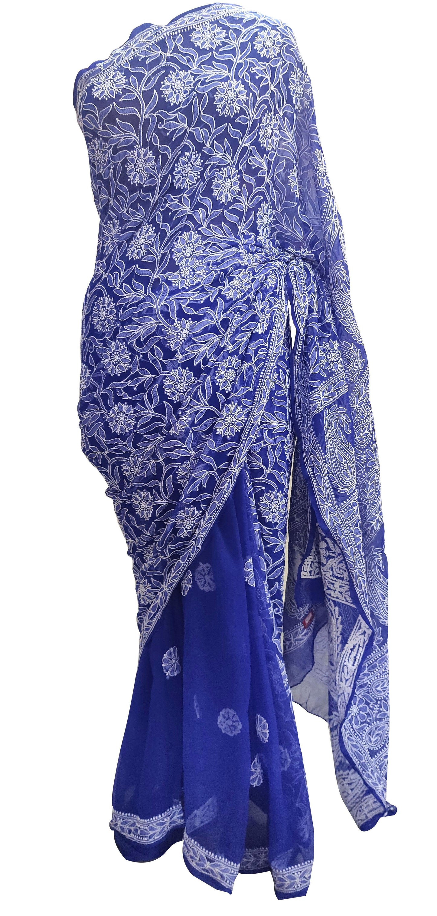 Hand Embroidered Heavy Chikankari Royal Blue Chiffon Saree CK36 - Ethnic's By Anvi Creations